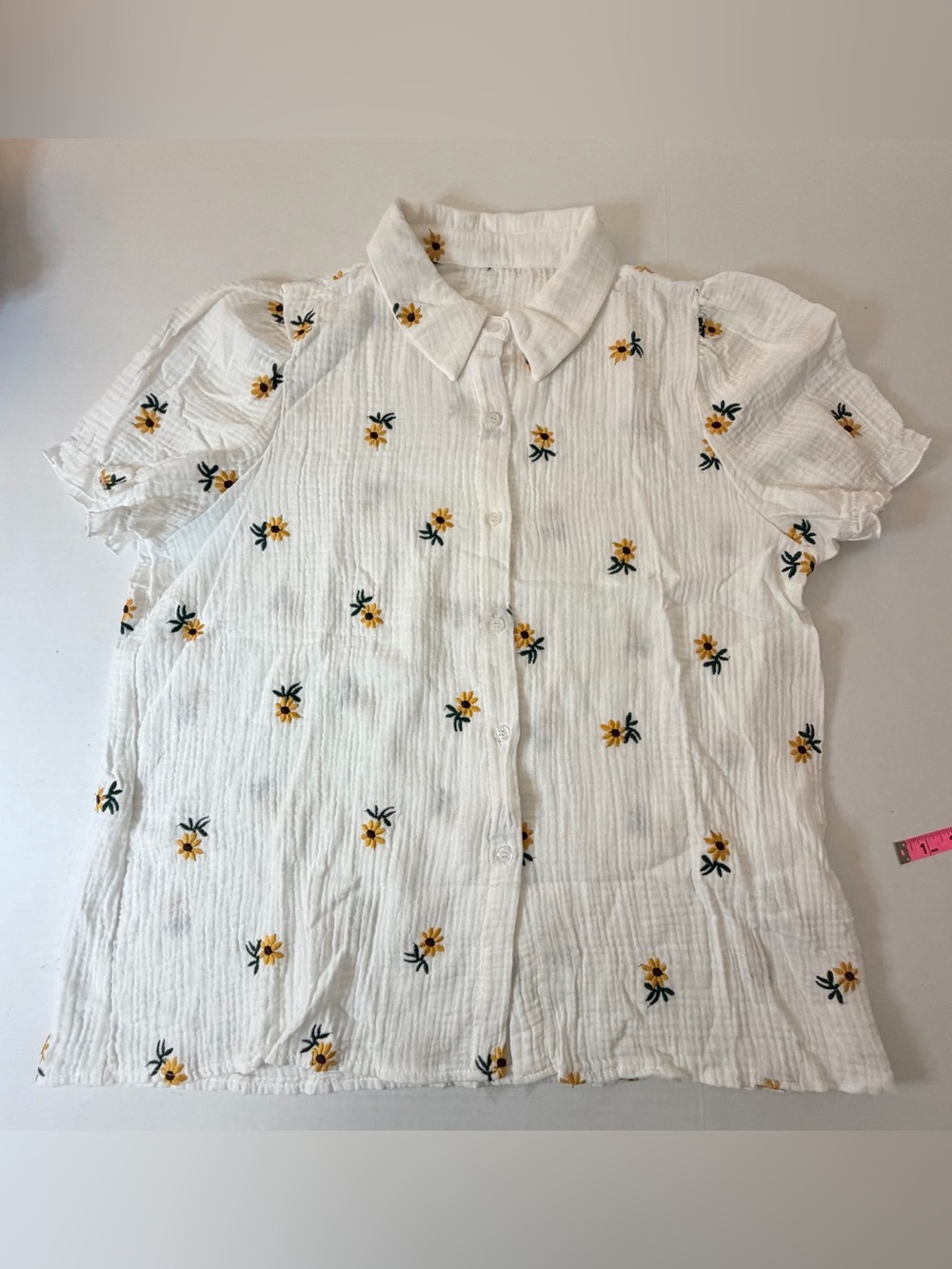 SHEIN Soft Cottage Core 100% Cotton Sunflower Embroidered Button Down Blouse XL
